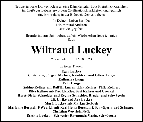 Traueranzeige von Wiltraud Luckey von Kreis-Anzeiger