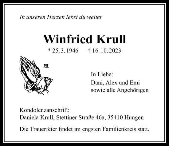 Traueranzeige von Winfried Krull von Licher Wochenblatt