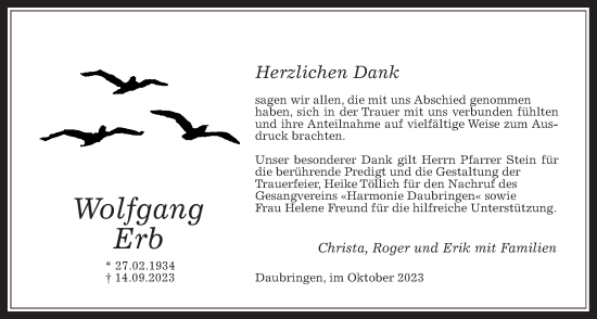 Traueranzeige von Wolfgang Erb von Giessener Anzeiger, Giessener Allgemeine, Alsfelder Allgemeine