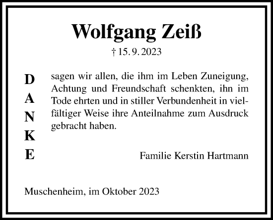 Traueranzeige von Wolfgang Zeiß von Licher Wochenblatt