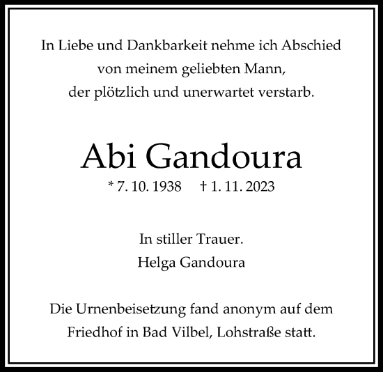 Traueranzeige von Abi Gandoura von Bad Vilbel/Karben