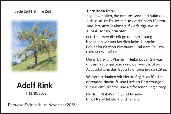 Traueranzeige von Adolf Rink von Giessener Allgemeine, Alsfelder Allgemeine, Giessener Anzeiger