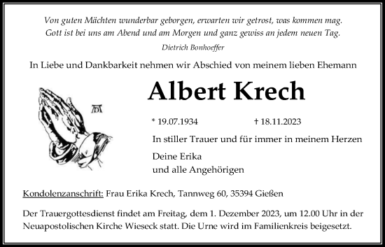 Traueranzeige von Albert Krech von Giessener Allgemeine, Alsfelder Allgemeine