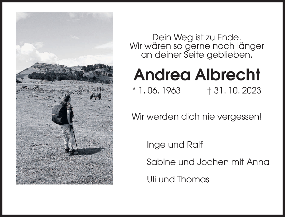  Traueranzeige für Andrea Albrecht vom 18.11.2023 aus Wetterauer Zeitung