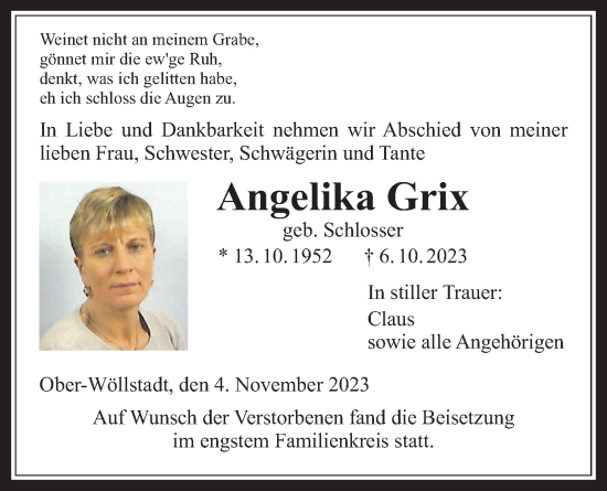 Traueranzeige von Angelika Grix von Wetterauer Zeitung