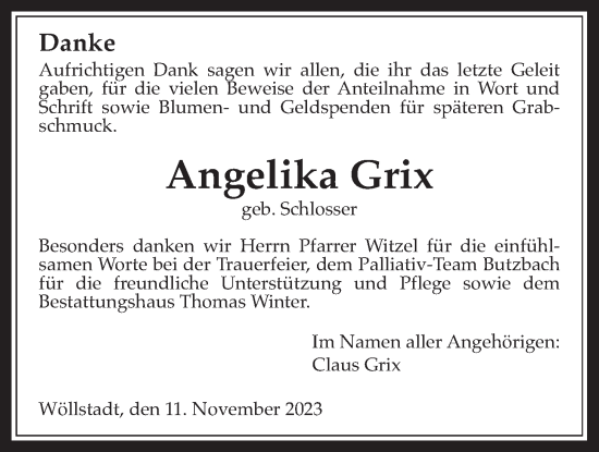 Traueranzeige von Angelika Grix von Wetterauer Zeitung, Wetterauer Zeitung
