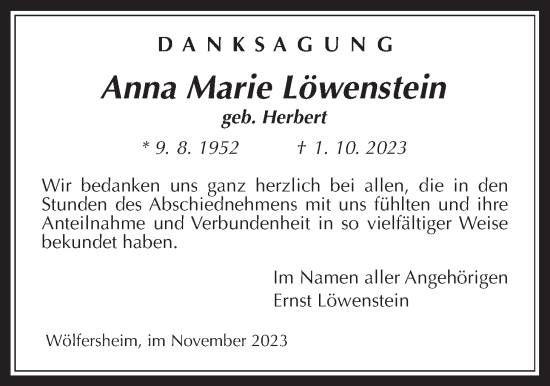 Traueranzeige von Anna Marie Löwenstein von Wetterauer Zeitung