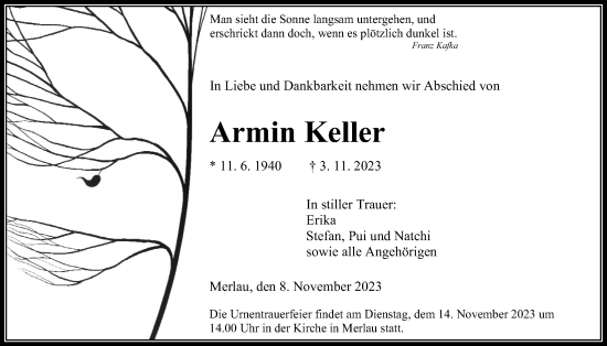 Traueranzeige von Armin Keller von Giessener Allgemeine, Alsfelder Allgemeine, Mücker Stimme