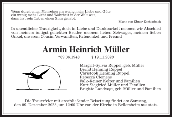 Traueranzeige von Armin Heinrich Müller von Giessener Anzeiger, Giessener Allgemeine, Alsfelder Allgemeine