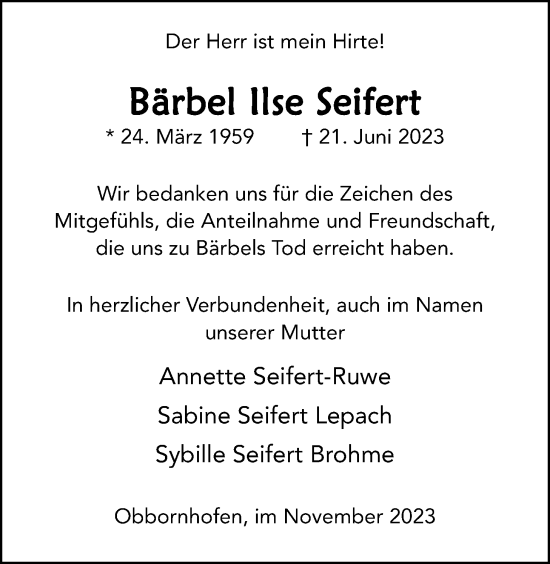 Traueranzeige von Bärbel Ilse Seifert von Licher Wochenblatt