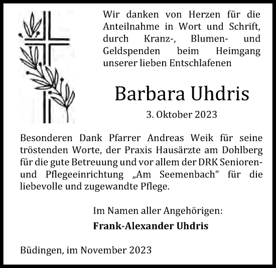 Traueranzeige von Barbara Uhdris von Kreis-Anzeiger