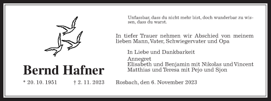 Traueranzeige von Bernd Hafner von Wetterauer Zeitung