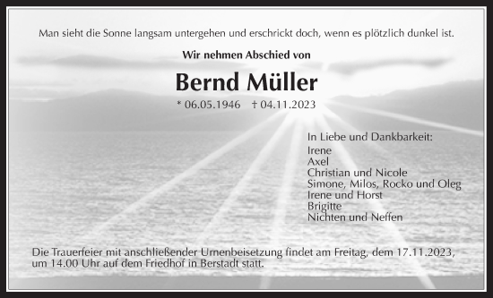 Traueranzeige von Bernd Müller von Wetterauer Zeitung, Wetterauer Zeitung