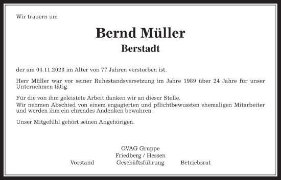 Traueranzeige von Bernd Müller von Wetterauer Zeitung, Wetterauer Zeitung