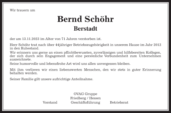 Traueranzeige von Bernd Schöhr von Wetterauer Zeitung