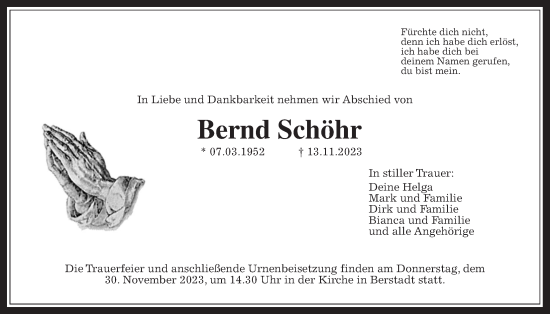 Traueranzeige von Bernd Schöhr von Wetterauer Zeitung