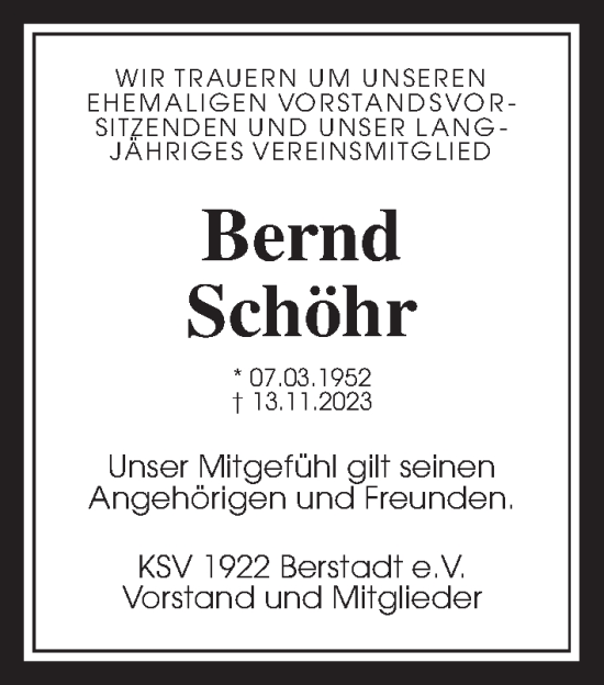 Traueranzeige von Bernd Schöhr von Wetterauer Zeitung