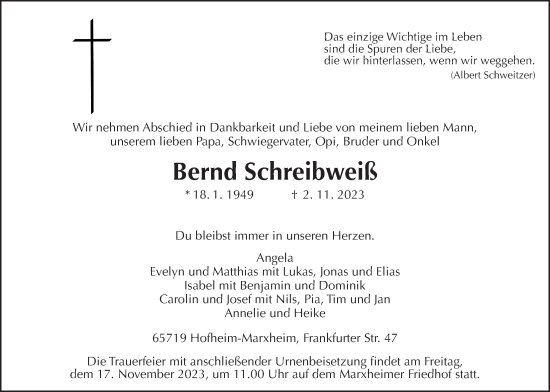 Traueranzeige von Bernd Schreibweiß 