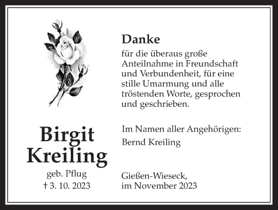 Traueranzeige von Birgit Kreiling von Giessener Allgemeine, Alsfelder Allgemeine, Giessener Anzeiger