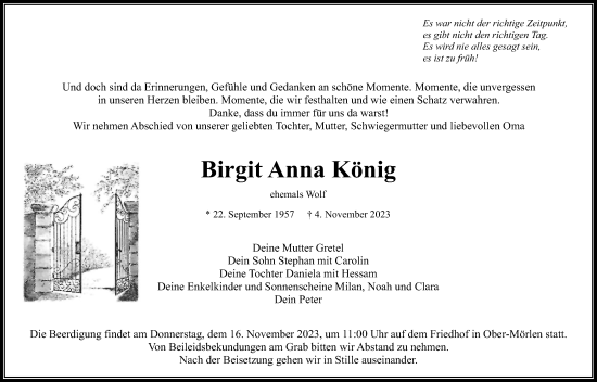 Traueranzeige von Birgit Anna König von Wetterauer Zeitung, Wetterauer Zeitung