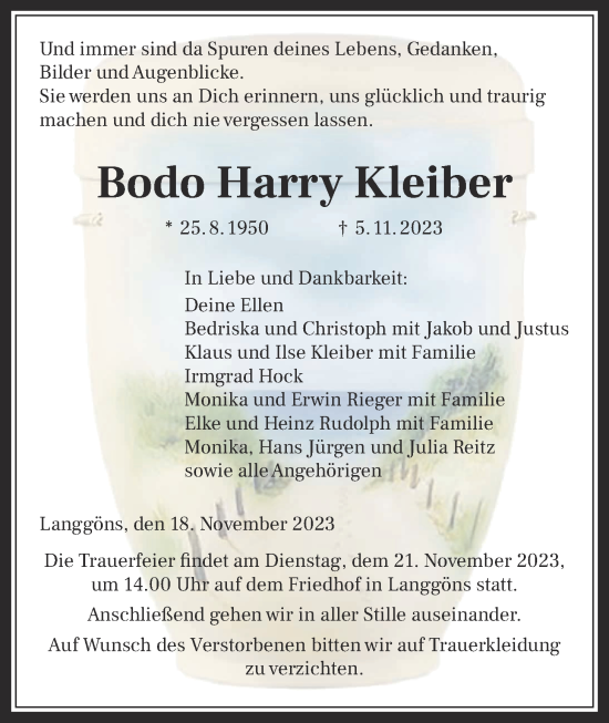 Traueranzeige von Bodo Harry Kleiber von Giessener Allgemeine, Alsfelder Allgemeine