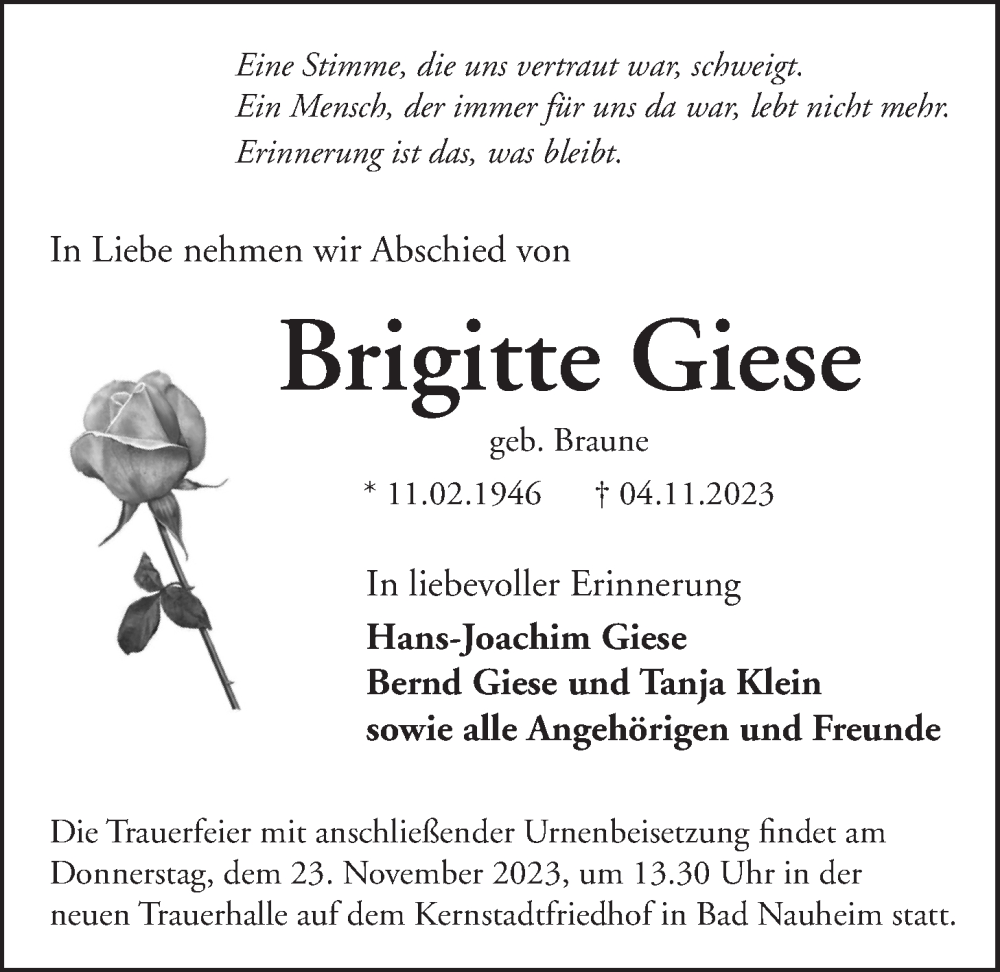  Traueranzeige für Brigitte Giese vom 18.11.2023 aus Wetterauer Zeitung