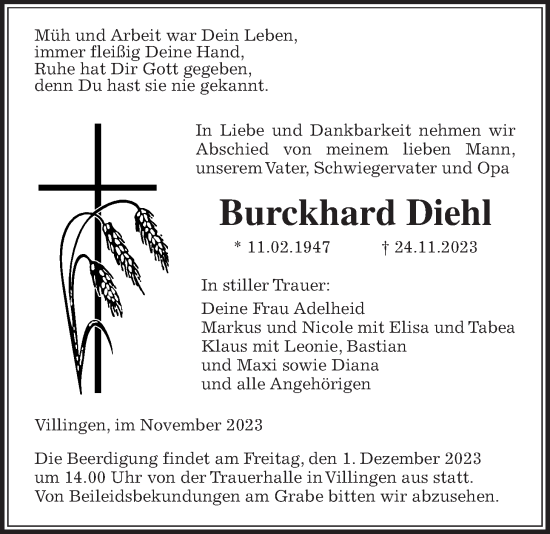 Traueranzeige von Burkhard Diehl von Giessener Allgemeine, Alsfelder Allgemeine