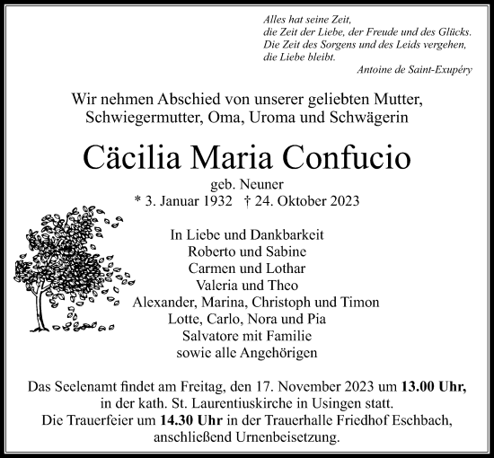 Traueranzeige von Cäcilia Maria Confucio von Usinger Anzeiger