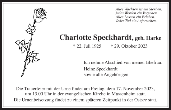 Traueranzeige von Charlotte Speckhardt von Bad Vilbel/Karben