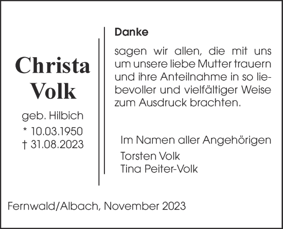Traueranzeige von Christa Volk von Licher Wochenblatt
