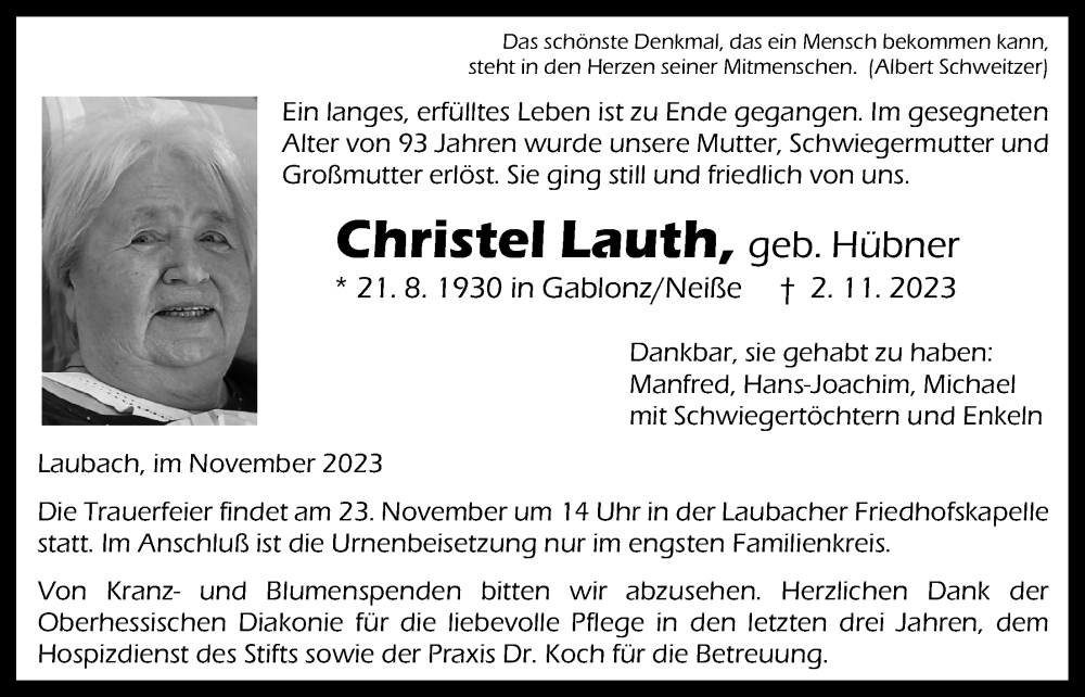  Traueranzeige für Christel Lauth vom 15.11.2023 aus Laubacher Anzeiger