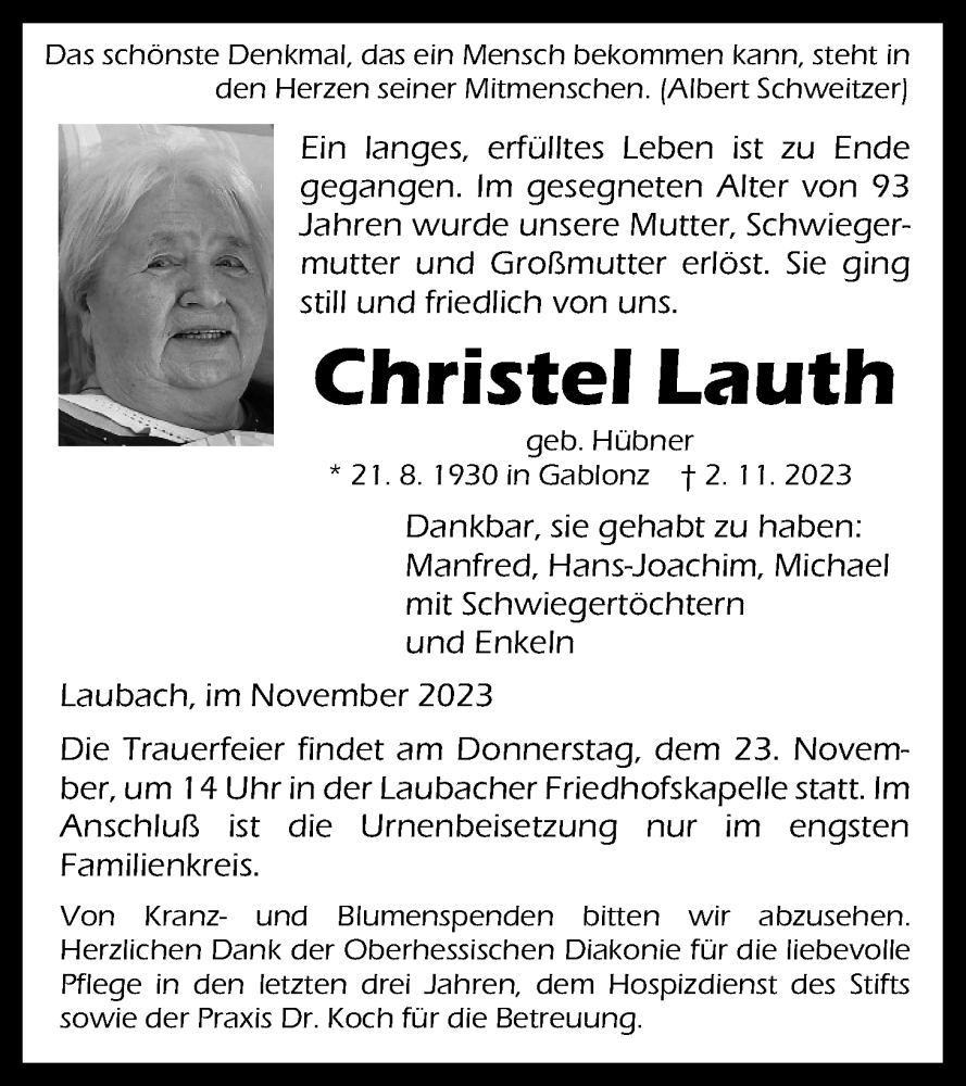  Traueranzeige für Christel Lauth vom 20.11.2023 aus Giessener Anzeiger, Giessener Allgemeine, Alsfelder Allgemeine