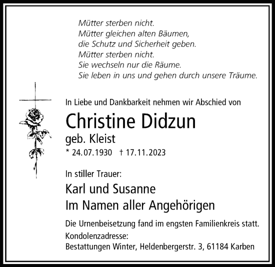 Traueranzeige von Christine Didzun von Bad Vilbel/Karben