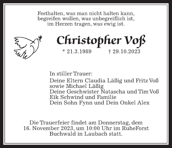 Traueranzeige von Christopher Voß von Wetterauer Zeitung, Wetterauer Zeitung