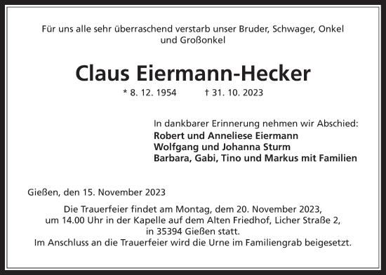 Traueranzeige von Claus Eiermann-Hecker von Giessener Allgemeine, Alsfelder Allgemeine