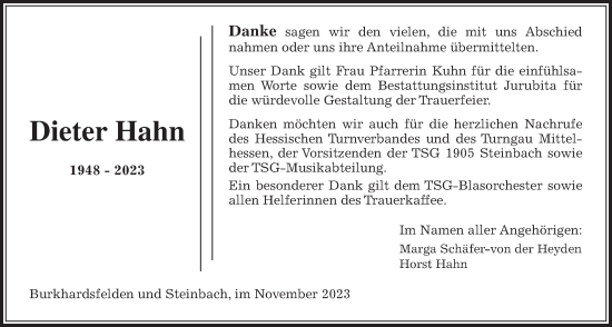 Traueranzeige von Dieter Hahn von Giessener Anzeiger, Giessener Allgemeine, Alsfelder Allgemeine, Giessener Anzeiger, Giessener Allgemeine, Alsfelder Allgemeine