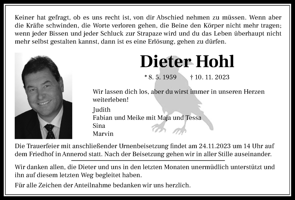  Traueranzeige für Dieter Hohl vom 18.11.2023 aus Giessener Allgemeine, Alsfelder Allgemeine, Giessener Anzeiger