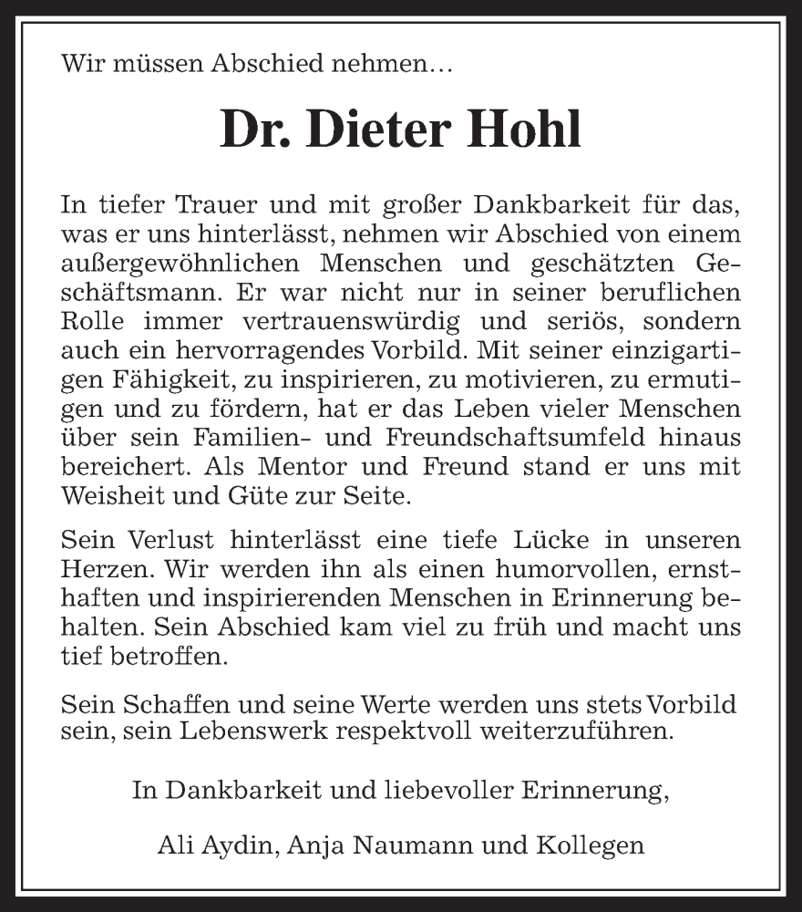  Traueranzeige für Dieter Hohl vom 21.11.2023 aus Giessener Allgemeine, Alsfelder Allgemeine