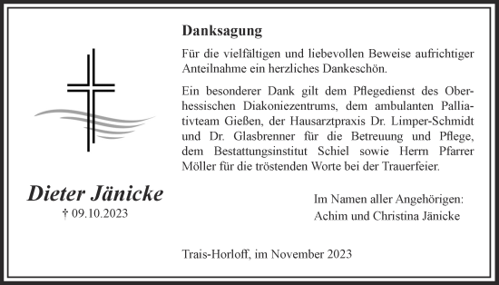 Traueranzeige von Dieter Jänicke von Licher Wochenblatt