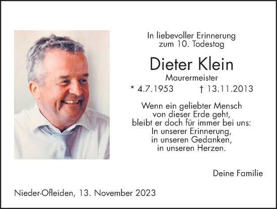 Traueranzeige von Dieter Klein von Alsfelder Allgemeine