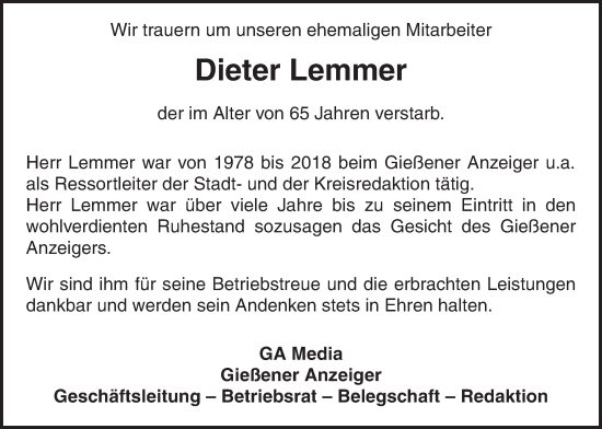 Traueranzeige von Dieter Lemmer von Giessener Anzeiger