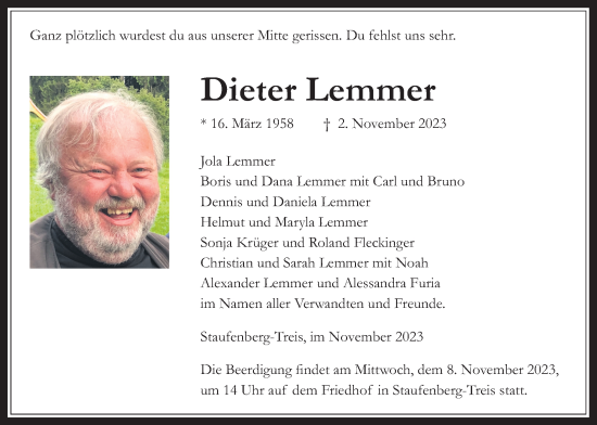 Traueranzeige von Dieter Lemmer von Giessener Anzeiger, Giessener Allgemeine, Alsfelder Allgemeine