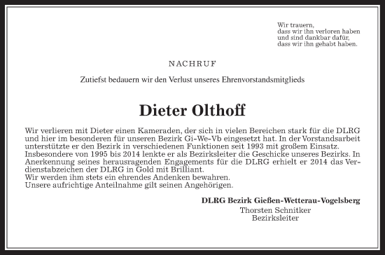 Traueranzeige von Dieter Olthoff von Wetterauer Zeitung