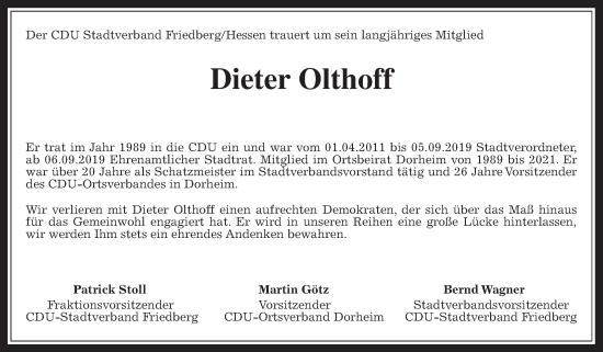 Traueranzeige von Dieter Olthoff von Wetterauer Zeitung, Wetterauer Zeitung