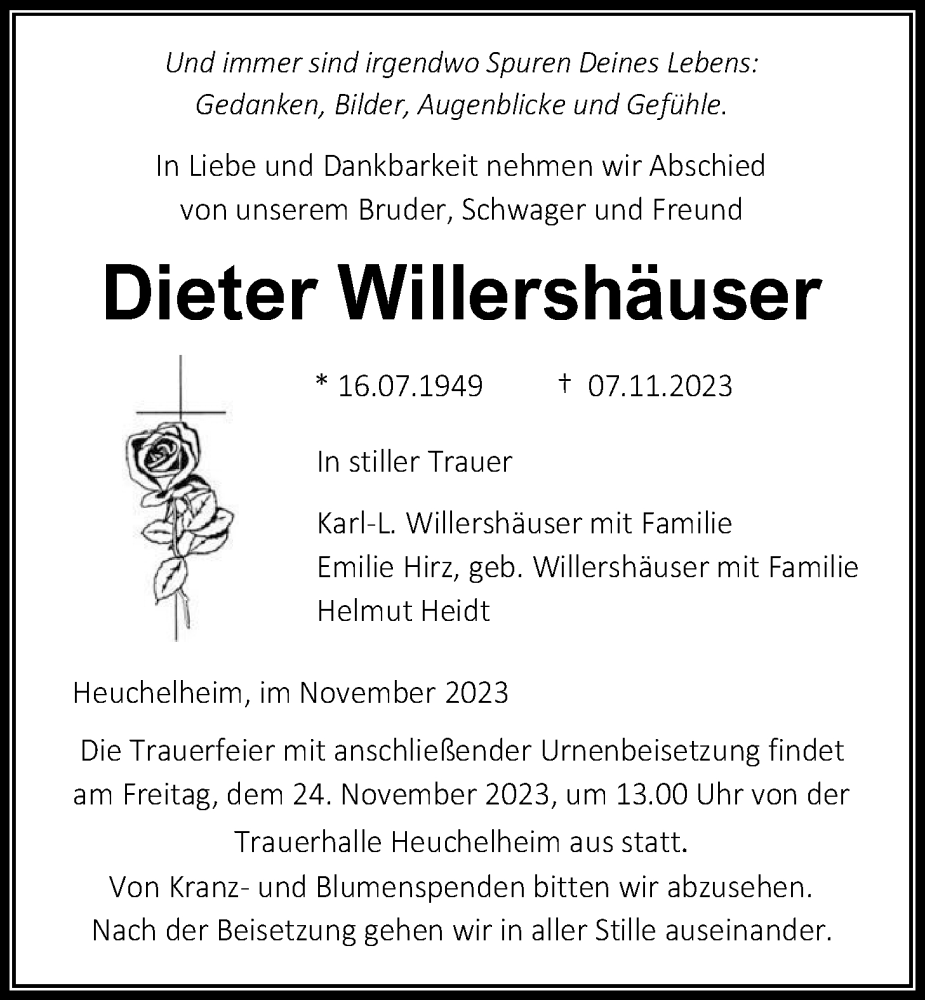  Traueranzeige für Dieter Willershäuser vom 18.11.2023 aus Giessener Allgemeine, Alsfelder Allgemeine, Giessener Anzeiger