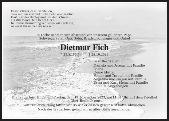Traueranzeige von Dietmar Fich von Wetterauer Zeitung, Wetterauer Zeitung