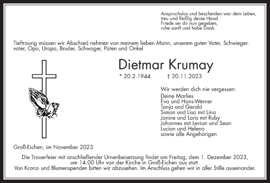 Traueranzeige von Dietmar Krumay von Giessener Allgemeine, Alsfelder Allgemeine, Mücker Stimme