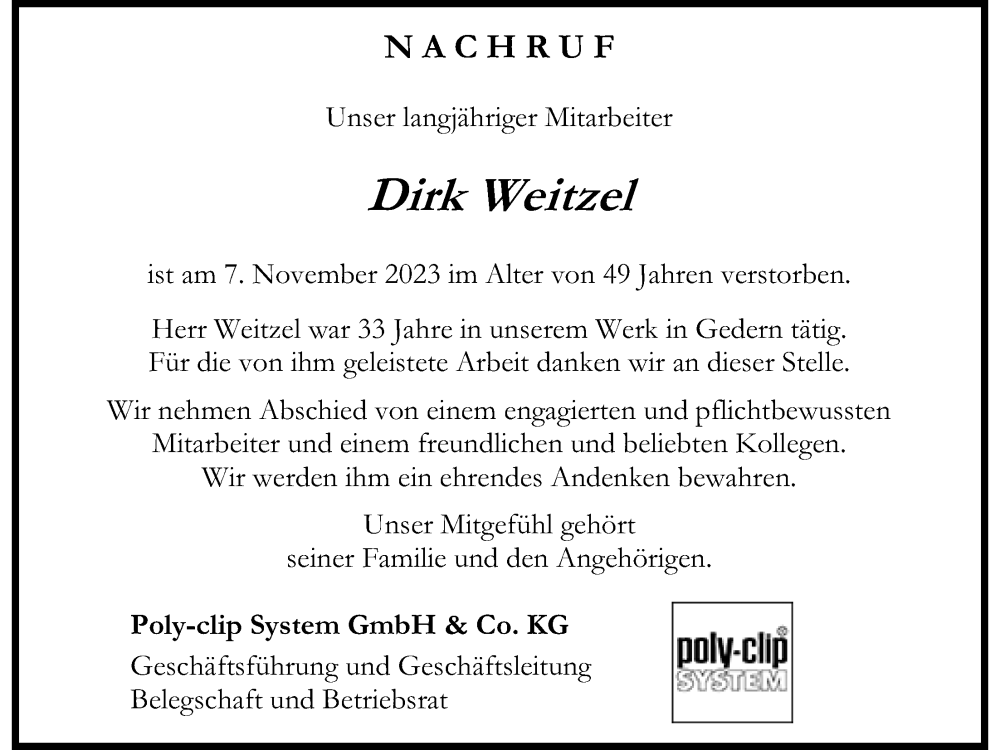  Traueranzeige für Dirk Weitzel vom 18.11.2023 aus Kreis-Anzeiger
