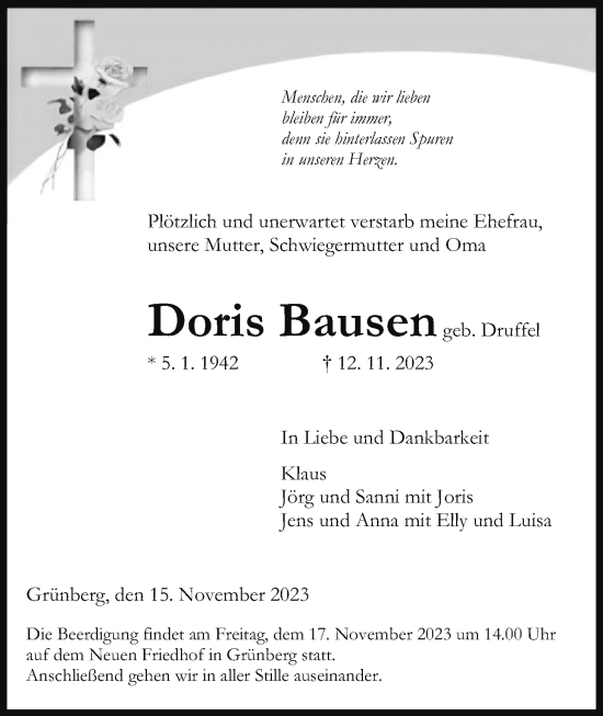 Traueranzeige von Doris Bausen von Giessener Allgemeine, Alsfelder Allgemeine