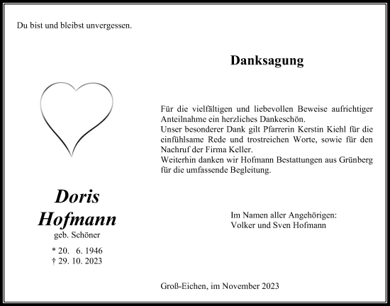 Traueranzeige von Doris Hofmann von Giessener Allgemeine, Alsfelder Allgemeine